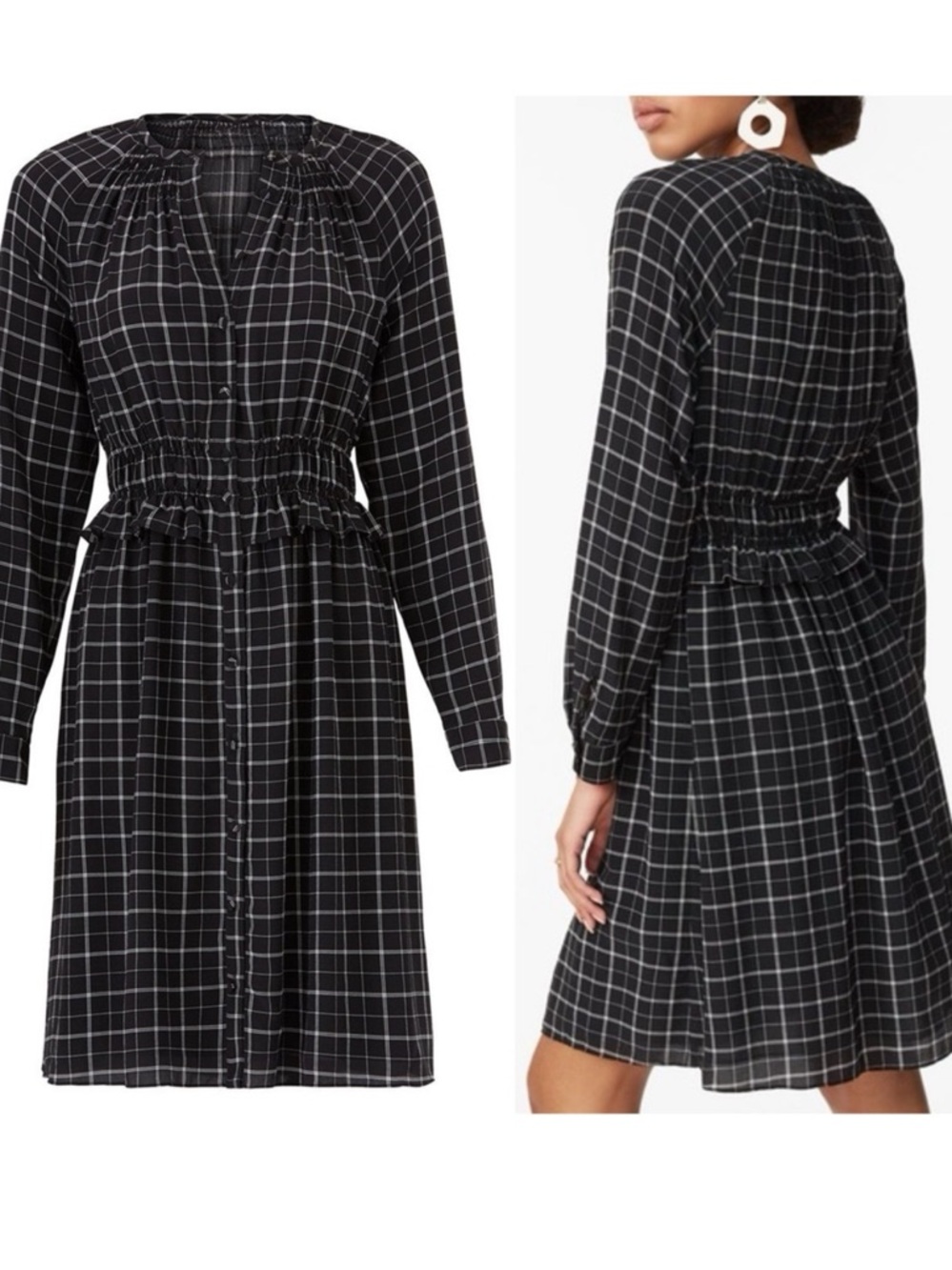 Black Windowpane Long-Sleeve Shirred Waist Dress Size 6